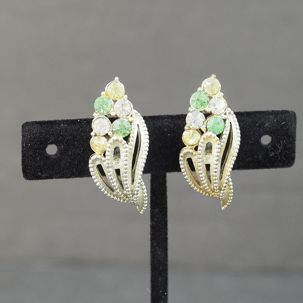 Coro Screw Back Earrings Leaf Spray Gold Tone Green Yellow Rhinestone Vintage